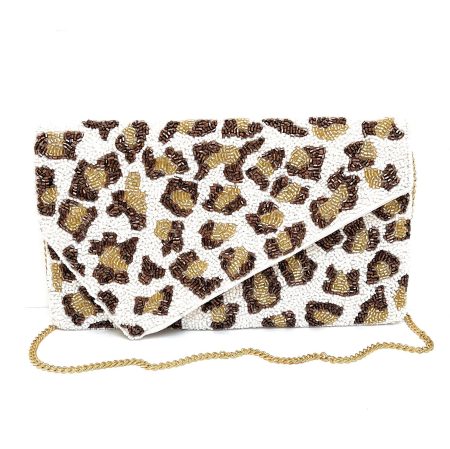 Wild leopard print hand-beaded clutch